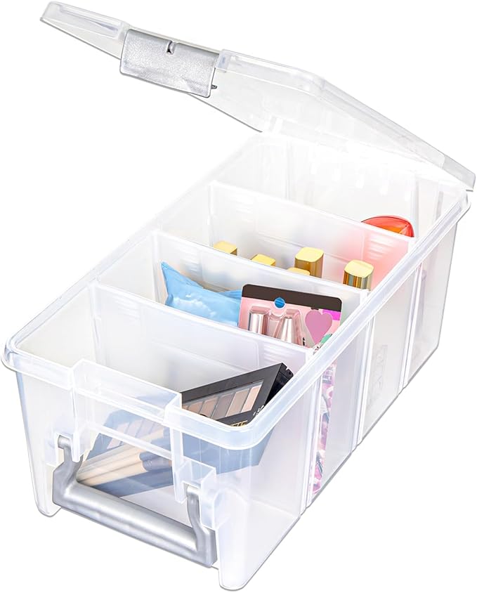 Best Kept Semi Satchel with Removable Dividers Stackable Home Storage Organization Container Clear with Sliver Latches and Handle