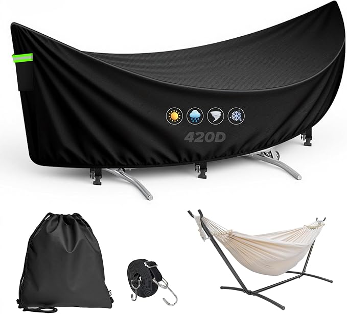 Hammock Cover Waterproof 420D Heavy Duty Hammock Stand Covers with Windproof Straps Sun Rain UV Dust Snow Protection Universal Cover Fits for 11-12Ft Stand Outdoor Patio