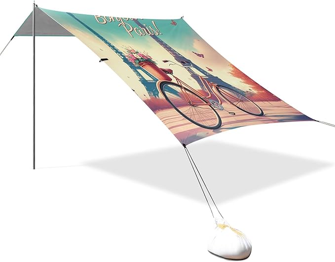Eiffel Tower Beach Canopy Sun Shelter with Sandbags &amp Sand Shovel &amp Windproof Ropes - Portable 110x126 Beach Shade Beach Tent for Camping Picnics