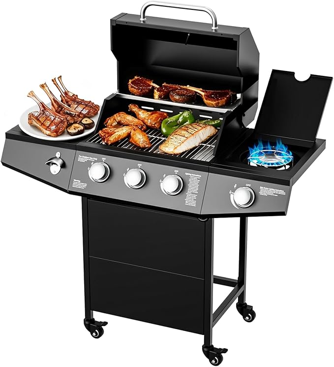 3-Burner Propane Gas Grill with Side Burner 40000 BTU Outdoor BBQ Grill with Stainless Steel Grates Built-in Thermometer &amp WheelsOutdoor Cooking for Patio Backyard BBQ