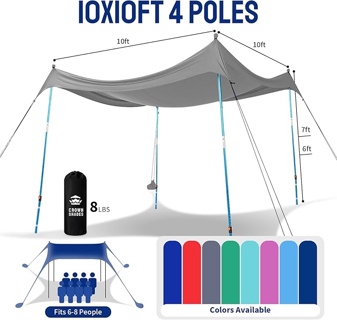 CROWN SHADES 10x10 Beach Tent Sun Shelter Easy Pop Up Beach Canopy Shade Portable Outdoor Carpas UPF50+ Includes 4 Poles Adjustable Aluminium Extra-Large Big Sand Shovel Grey