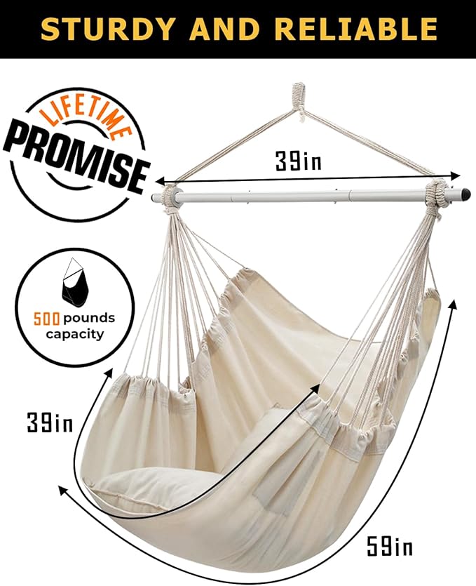ADVOKAIR Hammock Chair Swing Heavy-Duty Hanging Rope Swing Seat Supports 500 Lbs Ideal for Outdoor Patio Backyard Porch Deck &amp Indoor Bedroom Use