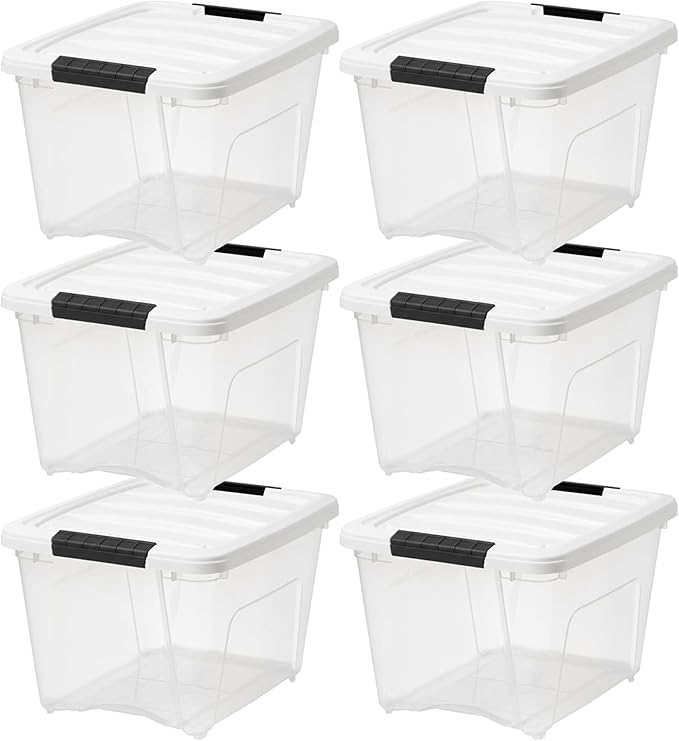IRIS USA 19 Qt Stackable Plastic Storage Bins with Lids 12 Pack - BPA-Free Made in USA - See-Through Organizing Solution Latches Durable Nestable Containers Secure Pull Handle - Clear/White