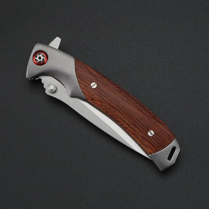 Tactical Folding Knife 4in Stainless Steel Mirror Blade Rosewood Handle EDC Knife with Safety Liner-Lock Hand-blocking Design