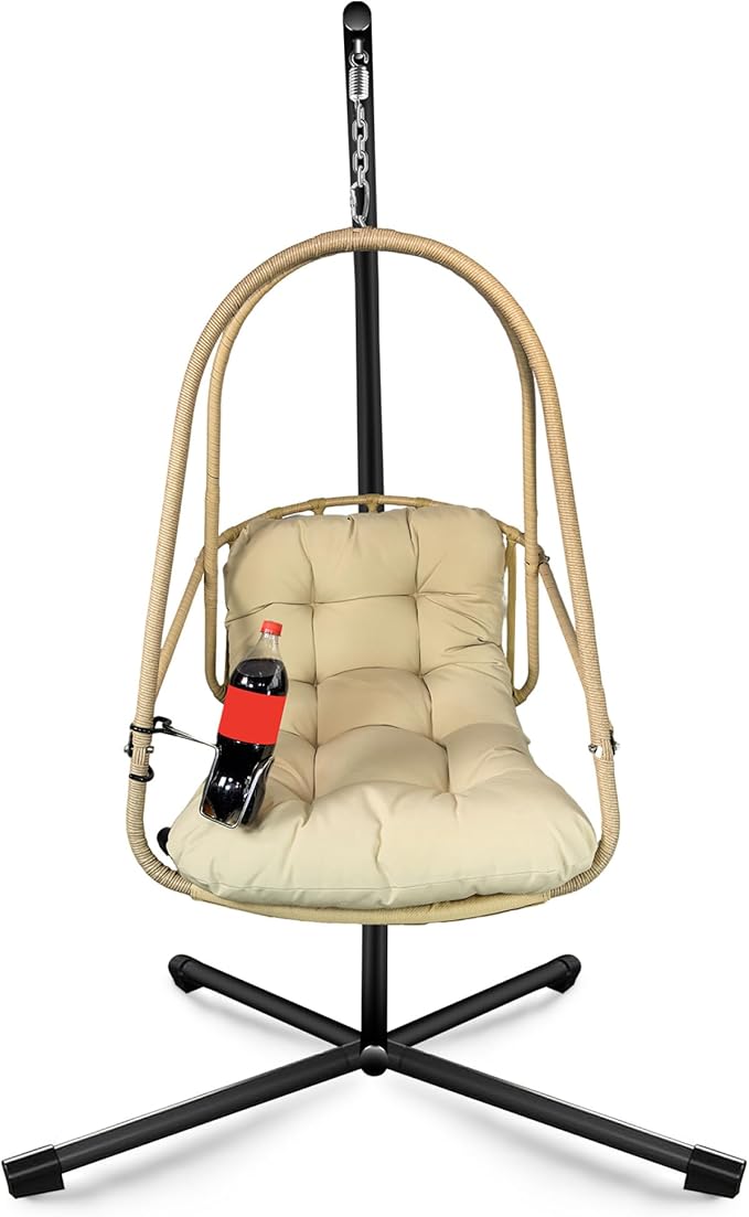 Foldable Rattan Egg Hanging Chair with Stand for Indoor and Outdoor Relaxation Featuring Removable Safety Rail and Convenient Cup Holder with Included Comfort Cushions