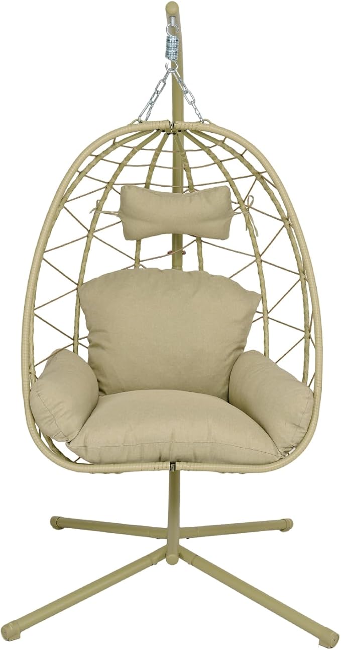 Hanging Egg Chair with Stand Outdoor Indoor Patio Rattan Swing Hammock Chairs with Washable Cushion PE Wicker Swing Chair for Backyard Bedroom Garden (Cyan + Cyan Cushion No Footrest)