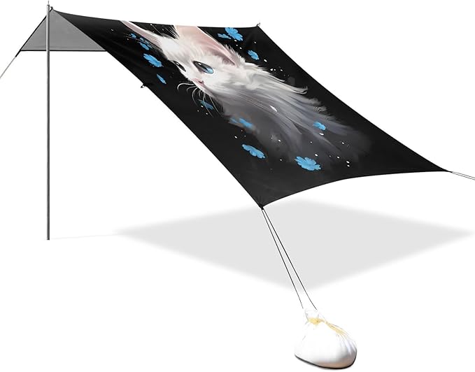 ALAZA White Cat Beach Tent Sun Shelter UPF50+ Protection Beach Shade Canopy w/ 4 Sandbags for Outdoor Camping Fishing Backyard Fun Picnic 10x9 ft