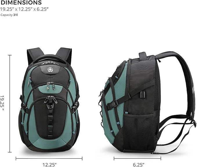 Swissdigital Design Laptop Backpack with USB Charging Port Travel Backpack Fits 15.6 inches Computer 31L College School Backpack for Men Lake Green/Black | SD803-27