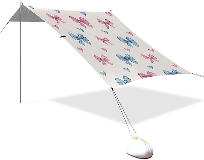 ALAZA Blue Pink Bow Heart Pattern Beach Tent Sun Shelter Portable Canopy Sunshade for Outdoor Camping Picnics Backyard Fun 10x9 ft