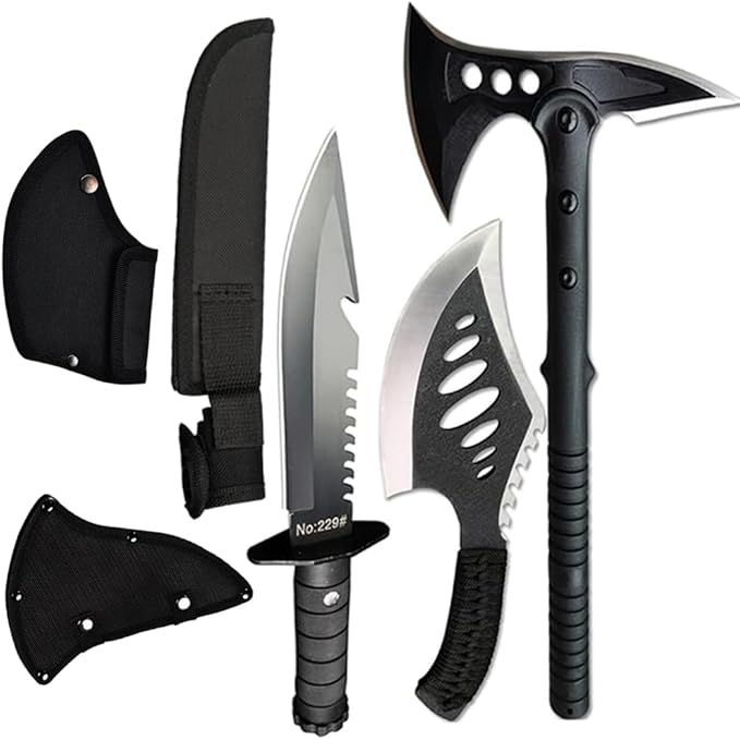 DOOM BLADE Camping Hatchet Axe with Nylon SheathTomahawk Viking Forged High Carbon SteelPortable Camping Axe for Outdoor Splitting WoodHunting (Double-Bit Axe + Hatchet + Fixed Blade Knife)