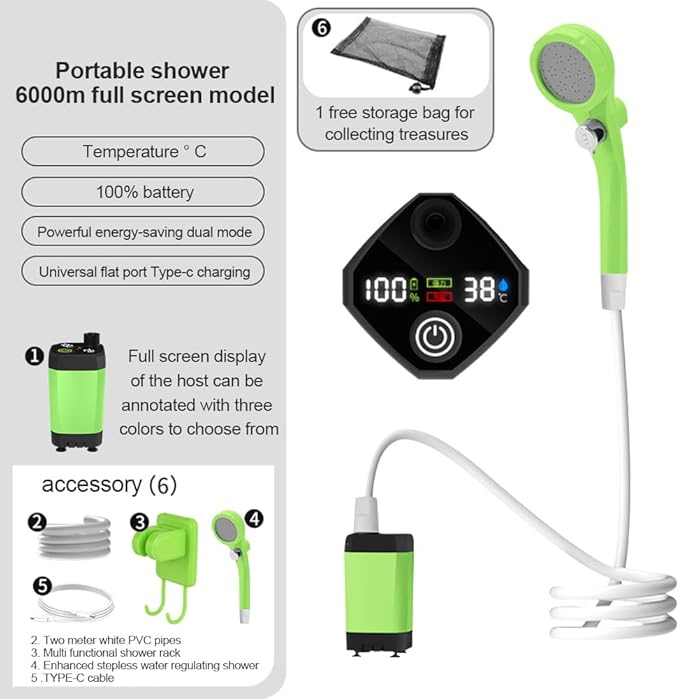 Portable Camping Shower Outdoor Shower Pump with 6000mah Rechargeable Battery Stepless AdjustmentElectric Camping Shower Head for Camping Hiking Traveling