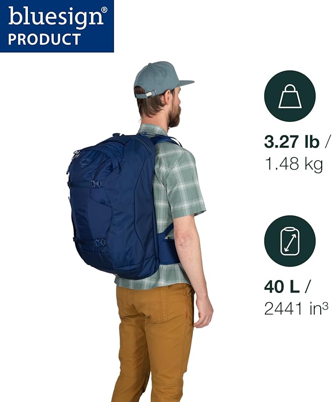 Osprey Farpoint 40L Men's Travel Backpack - Carry On Bag with Laptop Sleeve and Toiletry Pocket Antique Blue