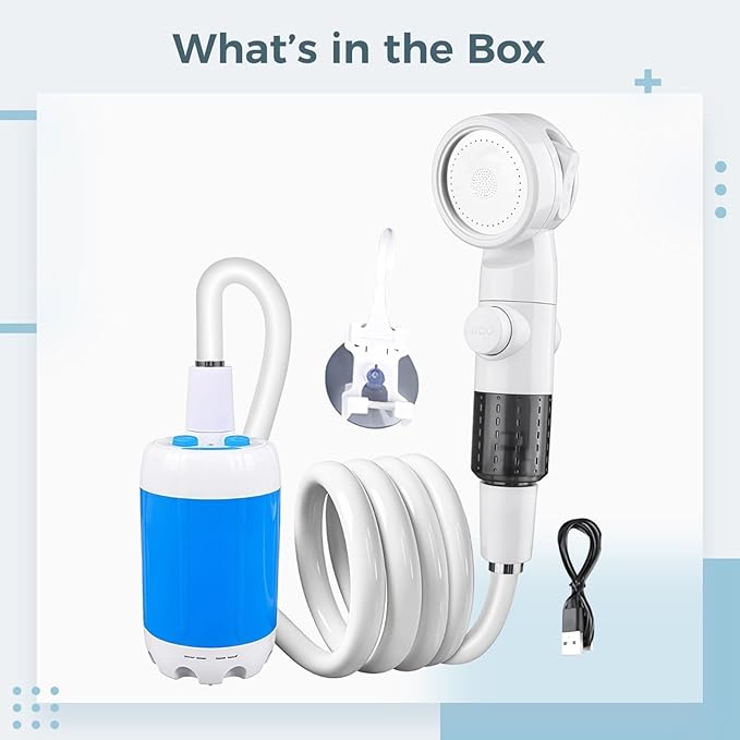 Camp Shower With Rechargeable Pump Portable 86.6 In / 220 Cm Hose 4000Mah Blue Multiple Spray Modes Low Noise For Job Sites And Camping