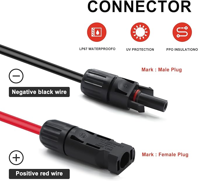 Twin Wire 100FT Solar Extension Cable - 10AWG(6mm²) Solar Panel Connector with 6 Pairs-IP67-Male/Female Solar connectors for Outdoor Automotive RV Boat Marine Solar Panel- Black &amp Red