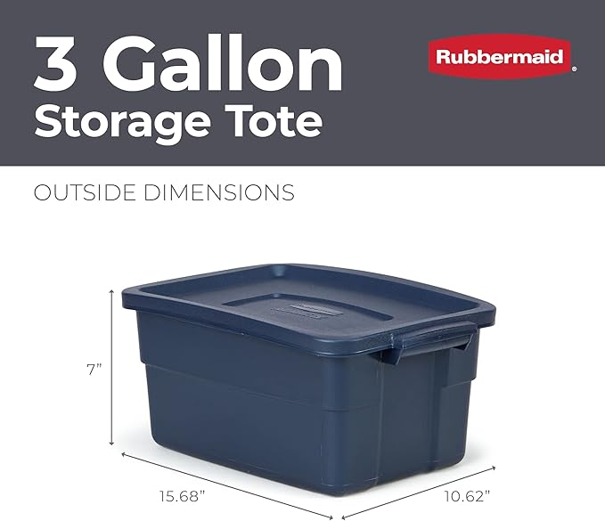 Rubbermaid Roughneck Tote 3 Gal 6 Pack Made in USA Dark Indigo Metallic Rugged Plastic Stackable Storage Bins with Lids and Handles