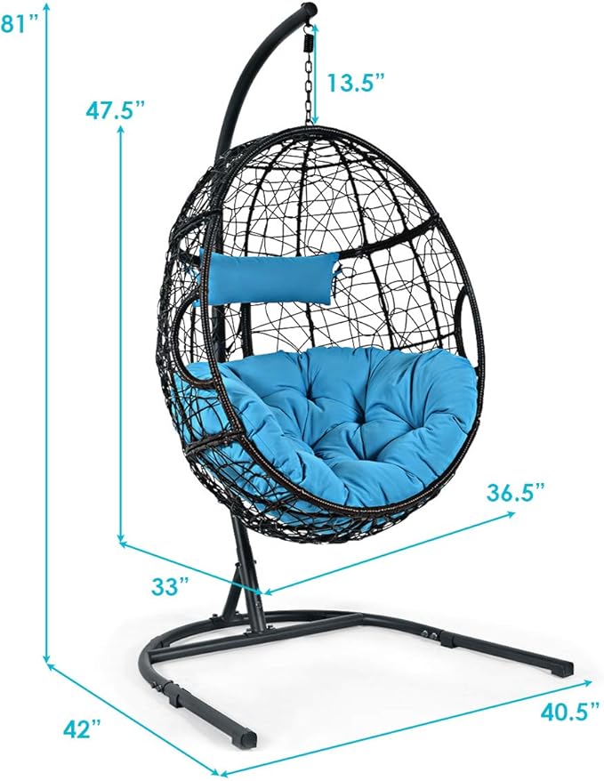 Giantex Hanging Egg Chair 36.5-Width Oversized Swing Chair with C-Hammock Stand Set Hammock Chair with Soft Seat Cushion &amp Pillow Multifunctional Hanging Chairs for Outdoor Indoor Bedroom (Blue