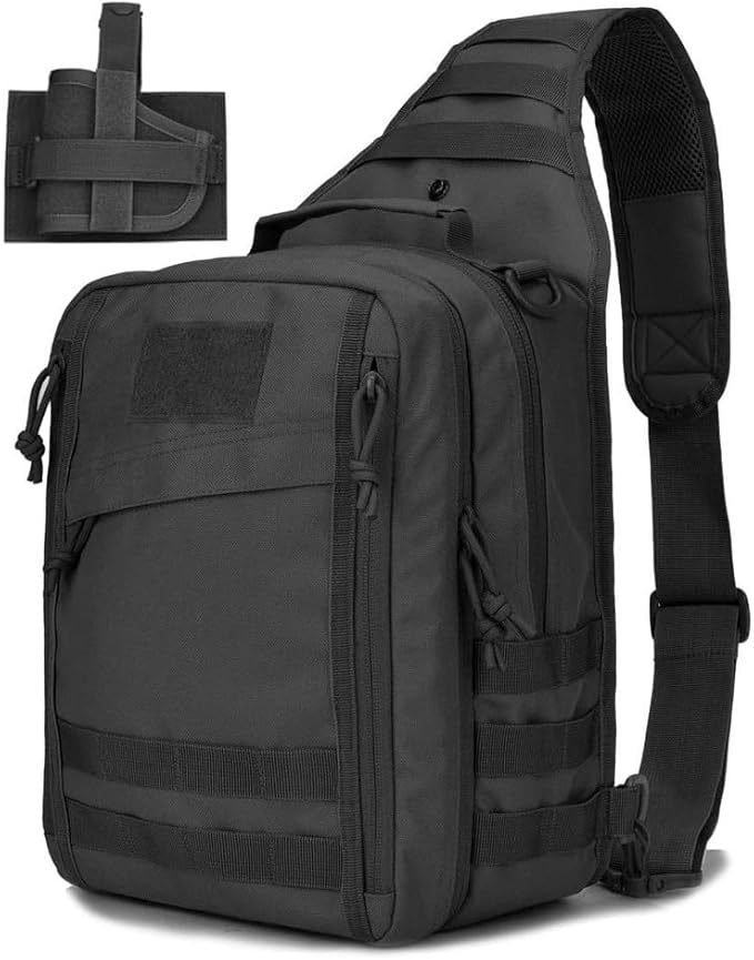 REEBOW GEAR Tactical Sling Bag Pack w/Gun Holster Small Military Rover Shoulder Sling Pack Molle Assault Range Bag Everyday Carry Diaper Bag (Style 07-Black)