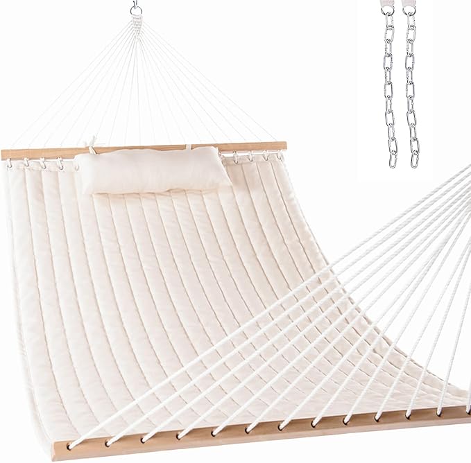 Lazy Daze Hammocks 12 FT Double Quilted Fabric Hammock with Spreader Bar and Detachable Pillow 2 Person Hammock for Outdoor Patio Backyard Poolside 450lbs Weight Capacity Natural