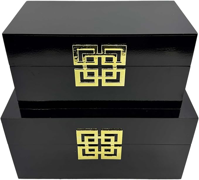 Galt International Storage Box Set Decorative Storage Box w/Hinged Lid Classic Design Wood Decor Boxes with Geometric Clasp Storage for Bedroom &amp Home - Set of 2 (Black &amp Gold)