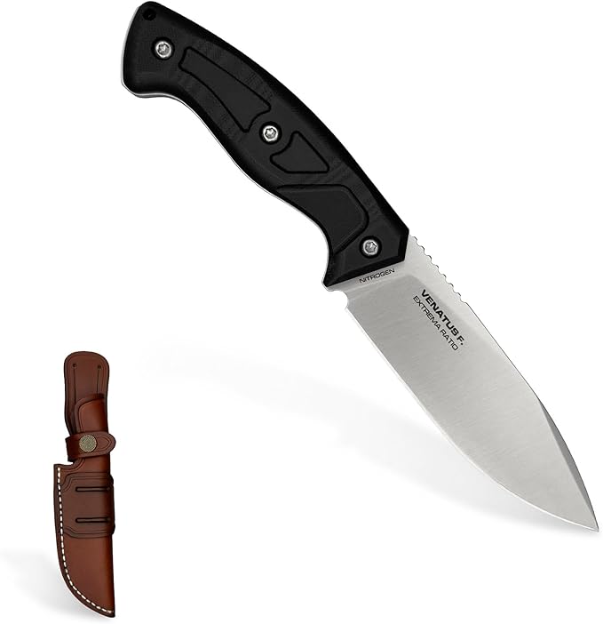 Extrema Ratio - Venatus F (Nitrogen Black Satin) Fixed Blade Knife Nitrogen Steel Blade Satin Finish Full Tang Construction Ergonomic Handle Premium Leather Ambidextrous Sheath