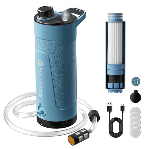 SurviMate Electric Water Purifier SurvivalPortable Water Filter Bottle for Survival0.01μm 22 Ounces with Emergency Lighting NSF/ANSI 42&amp372 CertifiedBottle with Filter for Hiking Camping Tra
