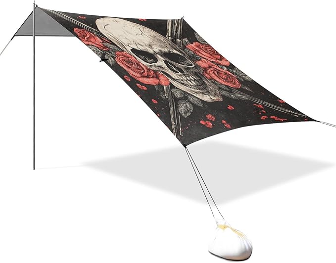 ALAZA Skull Crossed Guns and Roses Beach Tent Sun Shelter Portable Canopy Sunshade for Outdoor Camping Picnics Backyard Fun 10x9 ft