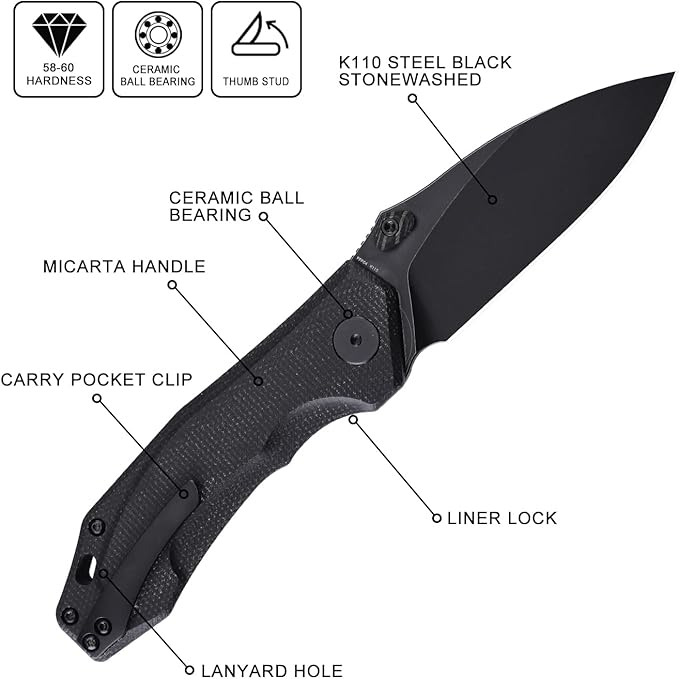 Petrified fish PFP04 Havrog3.15 K110 Stonewashed Blade 127g Micarta Handle Liner lock Folding knife (Black Stonewashed Black Micarta)