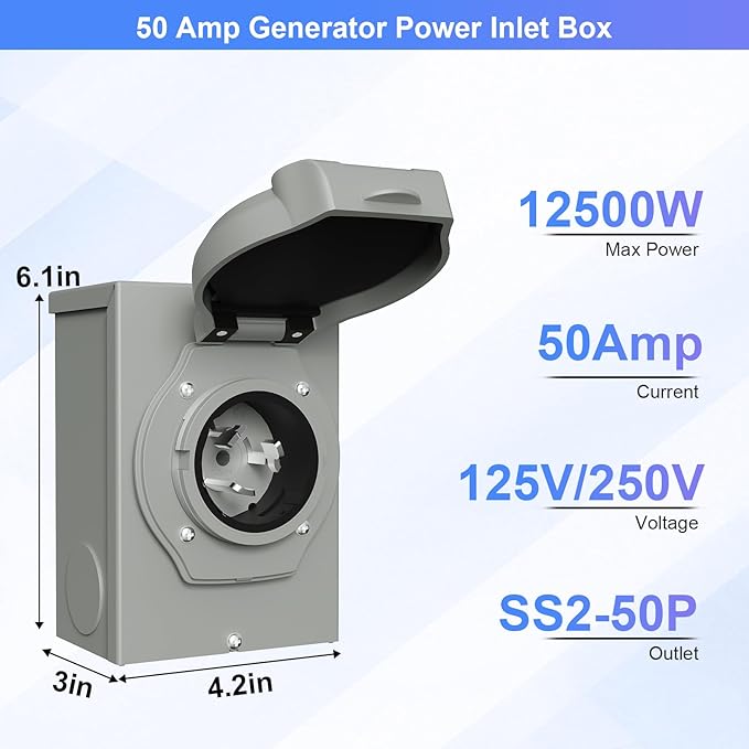 50 Amp Generator Inlet Box Pre-Drilled NEMA SS2-50P 30A 125V/250V Generator Power Inlet Box for 3 Prong Generator Cord ETL Listed Waterproof Dust Proof for Outdoor Use