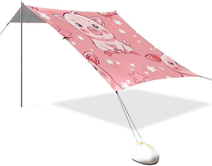 ALAZA Cute Pig with Star on Pink Background Beach Tent Sun Shelter Portable Canopy Sunshade for Outdoor Camping Picnics Backyard Fun 10x9 ft