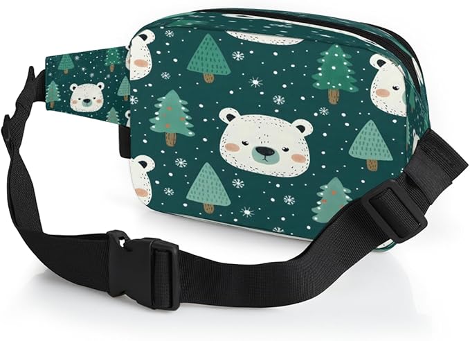 Bears Trees Snowflakes Waterproof Fanny Pack for Women Men Adjustable Waist Bag with Double Zipper Pockets Lightweight Square Hip Pack for Running Travel Hiking Workout Cycling