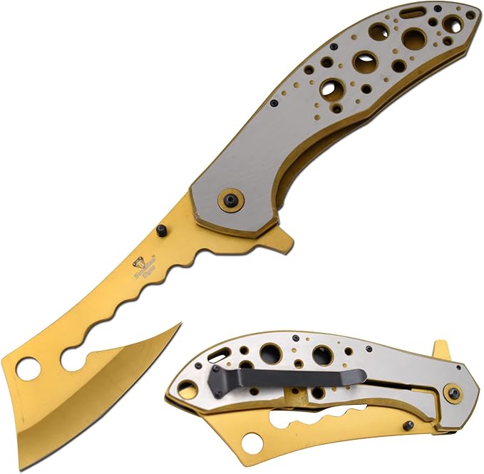 Snake Eye Tactical 12 Jumbo Huge Heavy Duty Ultra Smooth One Hand Opening Folding Pocket Knife Limited Edition Collectors Knife - Ideal for Recreational Work Hiking Camping (Gold)