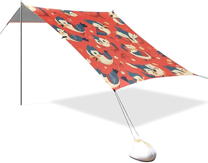 Cartoon Woodpecker Red Beach Tent UPF50+ Easy Setup Large Sun Shelter with Sand Pockets for Camping Picnics Backyard &amp Fishing