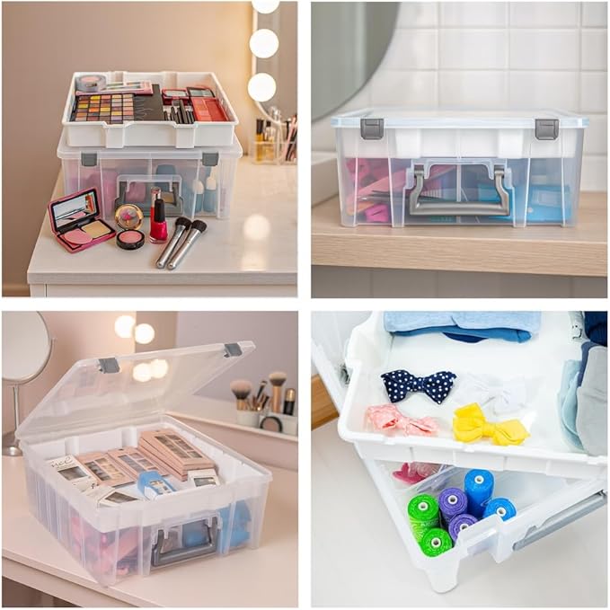 Best Kept Super Satchel Double Deep with Lift-Out Tray and Removable Dividers Stackable Home Storage Organization Container Clear with Sliver Latches and Handle