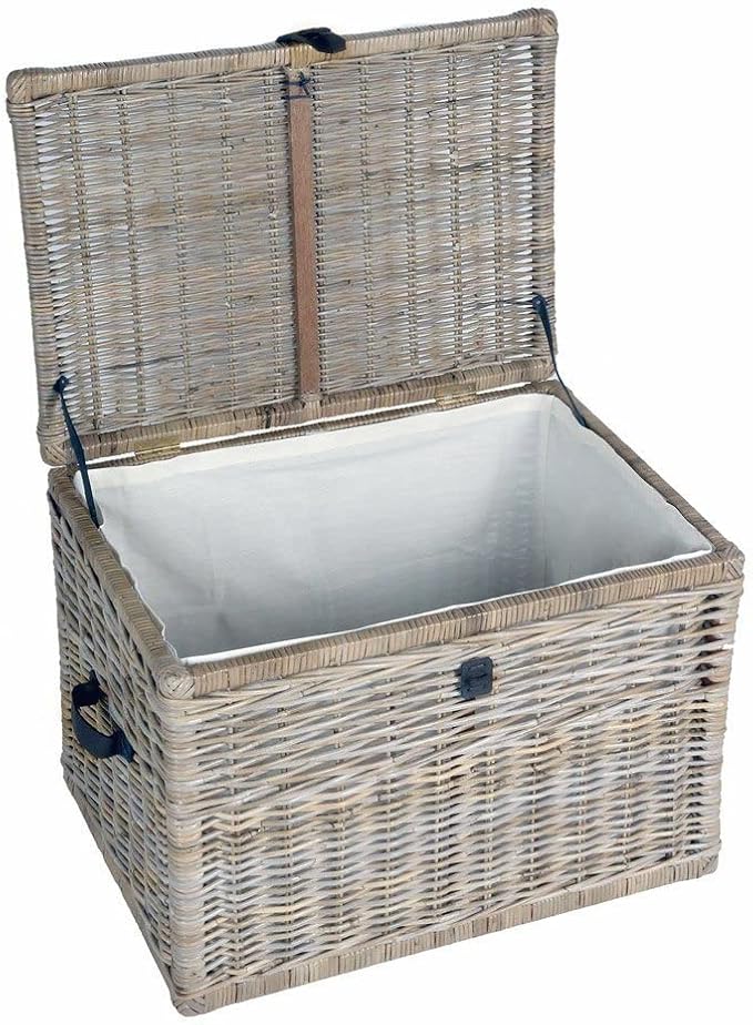 The Basket Lady Handwoven Deep Wicker Storage Trunk Natural Rattan Wicker Chest with Lid and Handles for Blankets and Home Organization-Serene Grey Extra Large 30 L x 21 W x 20.5 H