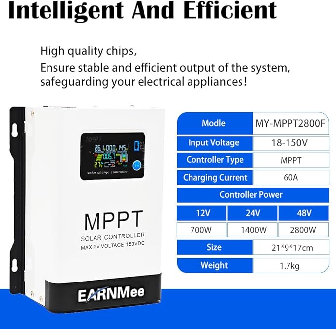 60A MPPT Solar Charge Controller 18-150VDC PV Input 12V/24V/48V Adjustable Output(Manual) Ideal for RV Large Solar Systems Compatible with Mono/Poly Panels &amp Lead-Acid/Lithium Batteries