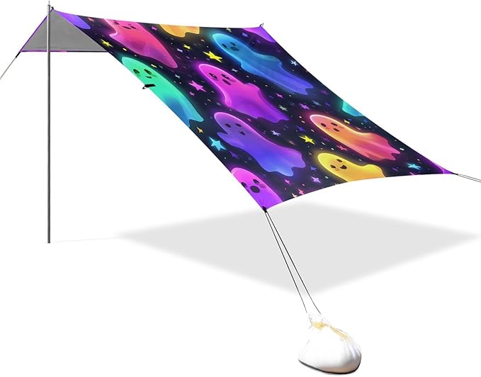 ALAZA Colorful Ghost Stars Pattern Beach Tent Sun Shelter UPF50+ Protection Beach Shade Canopy w/ 4 Sandbags for Outdoor Camping Fishing Backyard Fun Picnic 10x9 ft