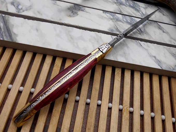 Laguiole Folding Damascus steel knife 8.6 Long with 4.1 hand forged custom twist pattern Blade. 2 Tone Green wood scale with brass bolster. Cow hide leather sheath included (Red)