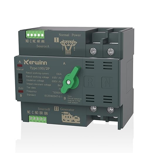 Mini ATS Automatic Transfer Switch 100 amp Manual Power Transfer Switch 110V Dual Power Electrical Selector Switches DIN Rail Mount（2P）