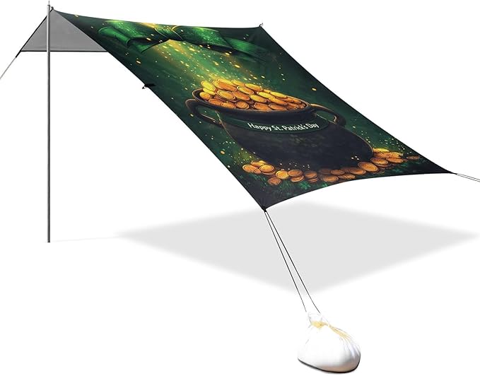 St Patrick's Day Coin Pot Beach Tent Sun Shelter Set UPF50+ UV Protection 10.5 x 9.19 FT Camping Shade Canopy with Sandbags Sand Anchors Carrying Bag and Others