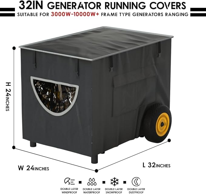 Runtime Generator Cover 100% Waterproof Generator Cover Double Layer Design All Weather Use Extra Heavy Duty 600D Water Resistant Polyester Tarp 32x24x24 Tear-resistant black.