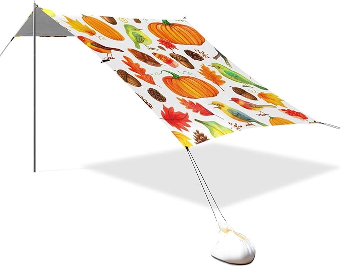 Beach Canopy with Windproof Ropes &amp Sandbags Beach Tent Sun Shade Sun Shelter for Camping Trips Fishing Backyard Fun or Picnics Pumpkins