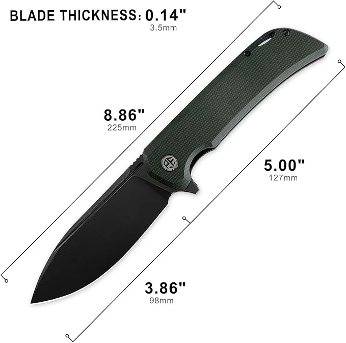 Petrified fish PFB05 Tunny Folding Knife3.86 14C28N Steel Black Stonewashed Blade Micarta Handle Folding knife for EDC Camping Outdoor (Green Stonewashed)