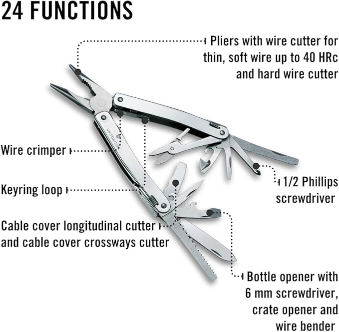 Victorinox Swiss Tool Spirit X Multi Tool 24 Function Swiss Made with Locking Blade and Long-Nosed Pliers and Leather Pouch - Silver