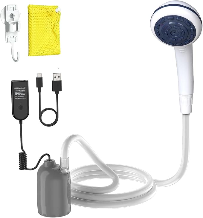 Portable 12V High Pressure Camp Shower Pump Compatible with Car Lighter Plug&ampPD fast charging portable power banks by USB-COutdoor Shower for CampingRV (Grey-USB-C(Connect to your PD power bank)