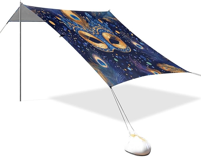 Mardi Gras Peacock Feather Mask Beach Tent Sun Shelter Set UPF50+ UV Protection 10.5 x 9.19 FT Camping Shade Canopy with Sandbags Sand Anchors Carrying Bag and Others