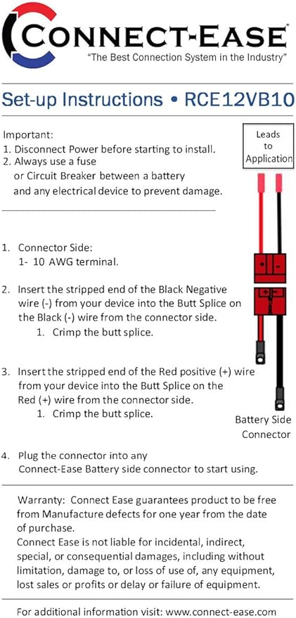 Connect-Ease 12V Single 10 AWG Connector Kit RCE12VB10 | Quick Connect Wire Connectors for Trolling Motors Battery Chargers Solar Panels &amp More | Lithium-Compatible | Batteries Not Included