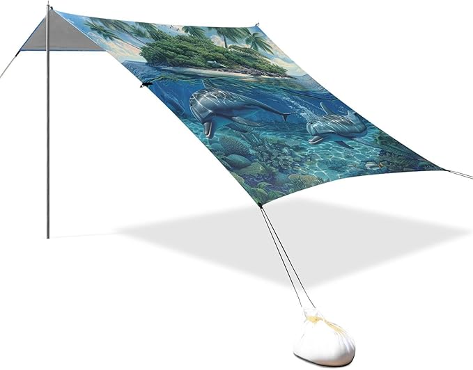 ALAZA Tropical Dolphins Island Beach Tent Sun Shelter Portable Canopy Sunshade for Outdoor Camping Picnics Backyard Fun 10x9 ft