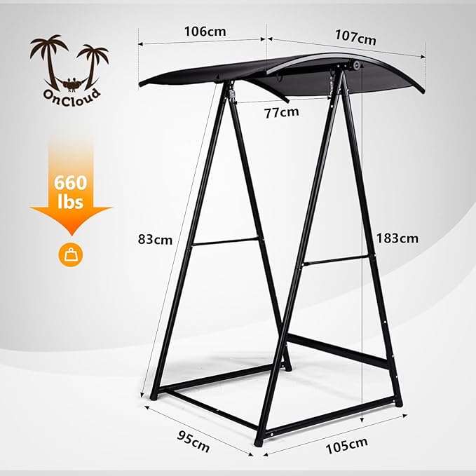 OnCloud Outdoor Hammock Chair Stand with Canopy Heavy Duty Hammock Stand Only Swing Stand with 3 Hooks Max Load 660lbs Fits Most Hanging Chairs Frame Black