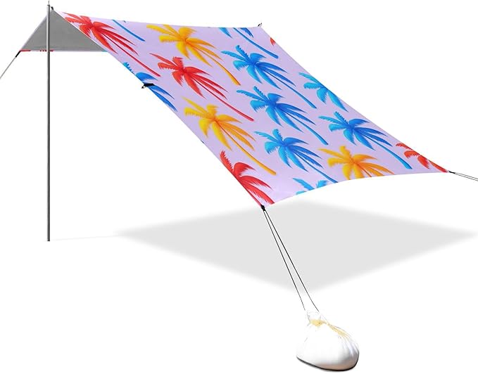 xigua Palm Trees Beach Tent Sun Shelter with Carrying Bag - Silver Coated Oxford Fabric Beach Canopy for Beach Camping Fishing - Includes Windproof Ropes Sandbags &amp Stakes
