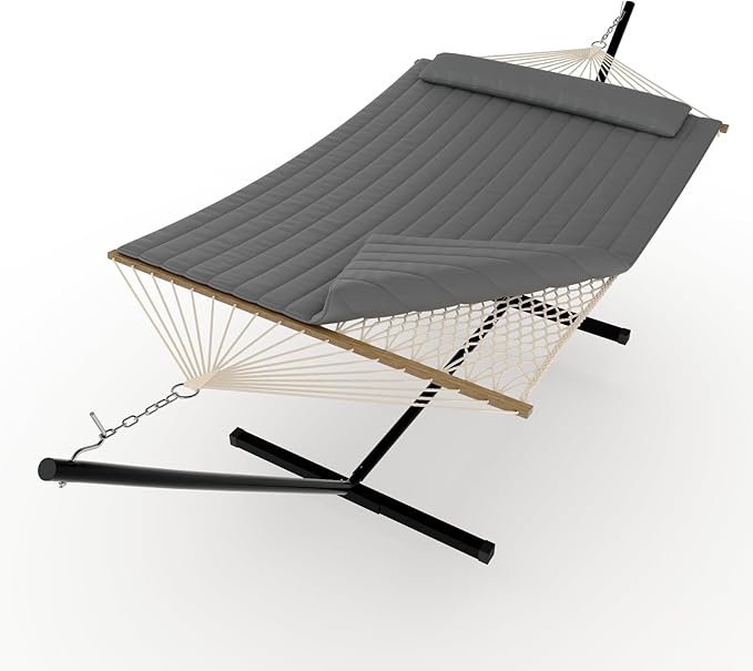 2 Person Hammock with Heavy Duty 500Lb Capacity Stand - Portable Cotton Rope Hammock &amp Quilted Comfort Pad - Relax Together Indoor or Outdoor (Gray)